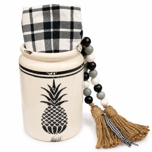 Pineapple kitchen crock gift set with compact ceramic holder and black and white towel