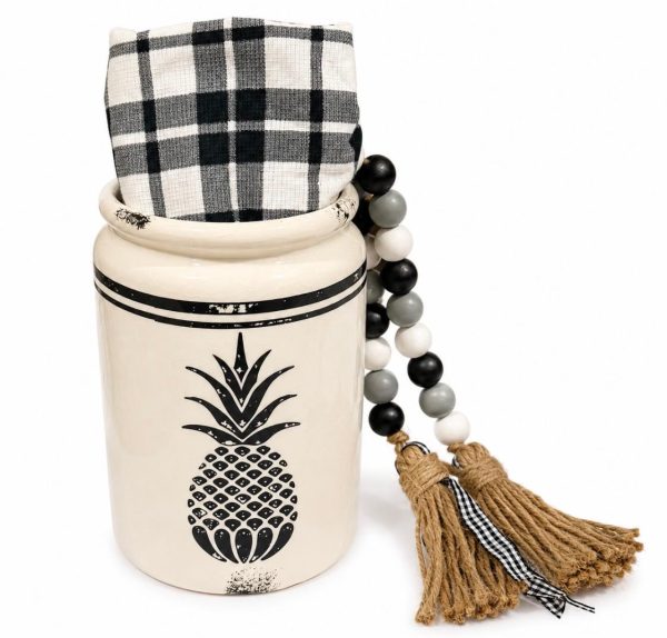 Pineapple kitchen crock gift set with compact ceramic holder and black and white towel