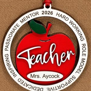 Personalized Teacher Appreciation Ornament – Red Apple Words of Inspiration