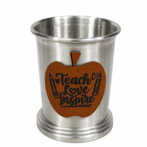 Teach Love Inspire teacher pencil holder cup with leatherette patch