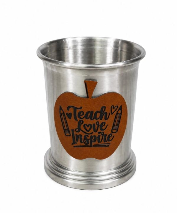 Teach Love Inspire teacher pencil holder cup with leatherette patch