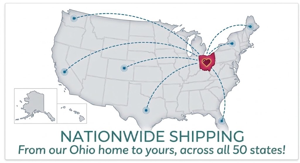 Map of the United States showing Ohio Basket Chic ships nationwide from Columbus, Ohio