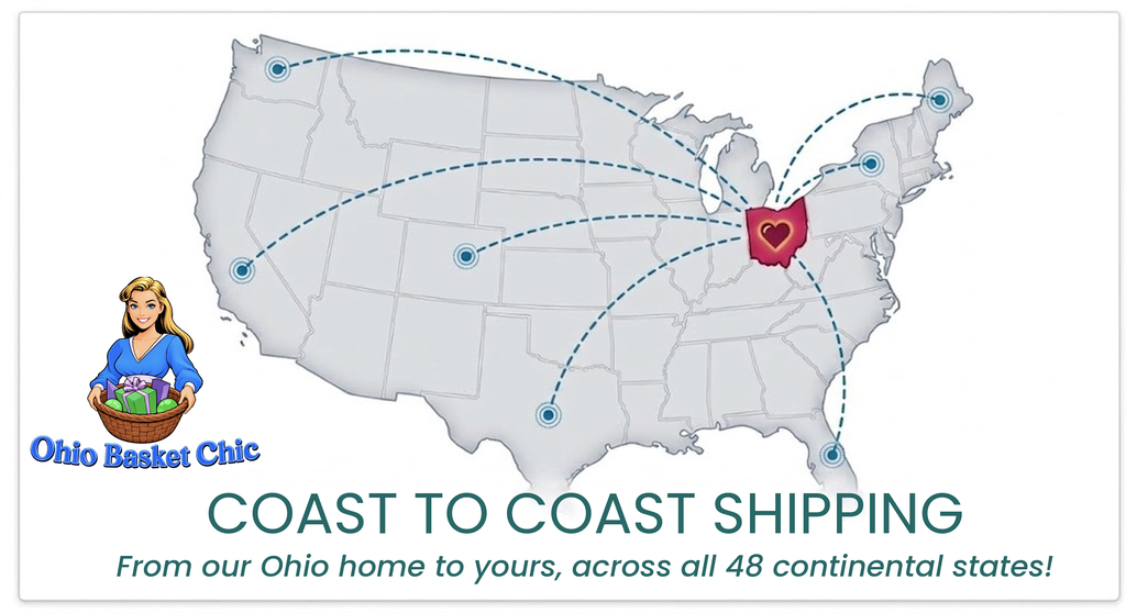 Map of the United States showing Ohio Basket Chic ships coast to coast from Columbus, Ohio to all 48 continental states